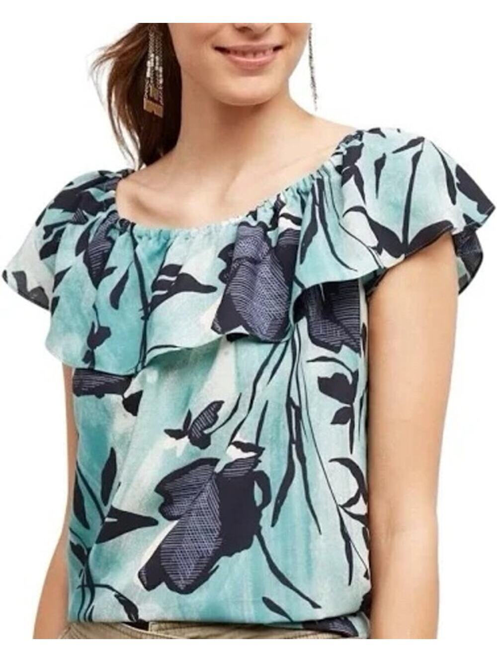 Anthropologie Maeve NWOT Women's Islander Ruffle Off Shoulder Top Blue Floral  S